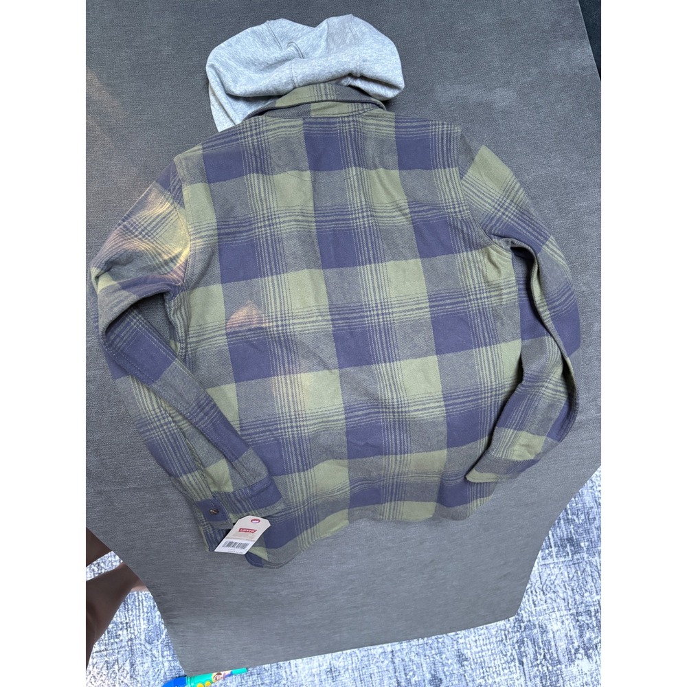 Levi's Boys Hooded Plaid Flannel Shirt Jacket NWT Size Large 12-13 Green Blue - Picture 4 of 4